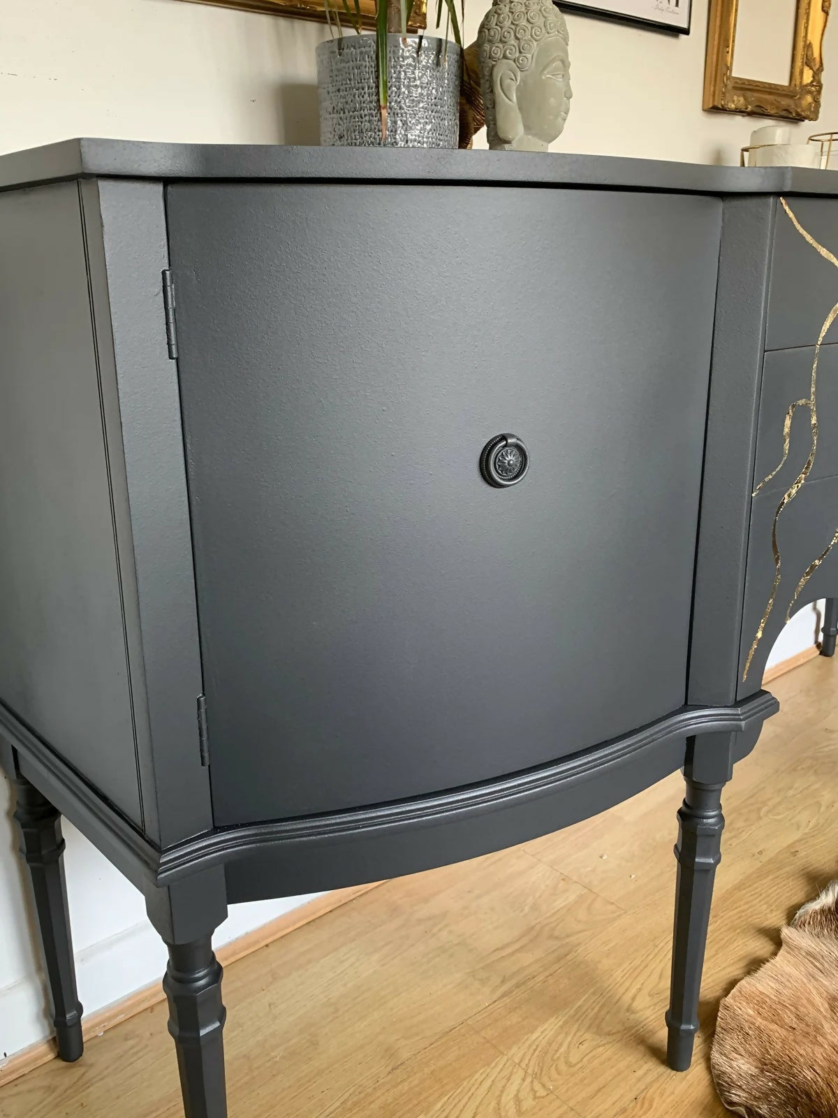 Vintage dark grey & gold leaf sideboard