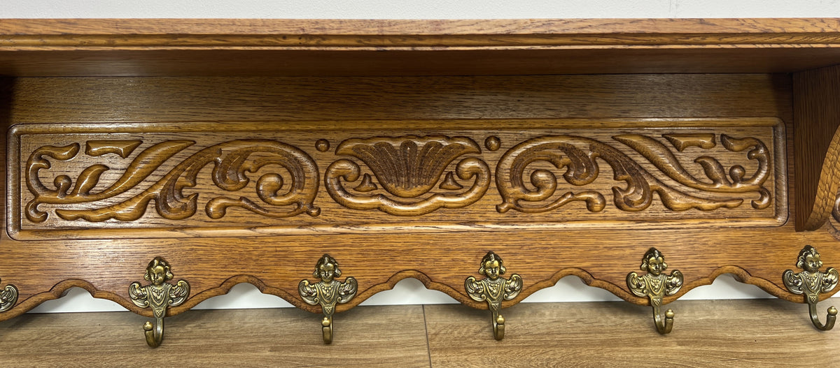 Coat Rack Vintage French Oak 6 Hooks Wall Shelf Carved Coat Hanger LOT 6551
