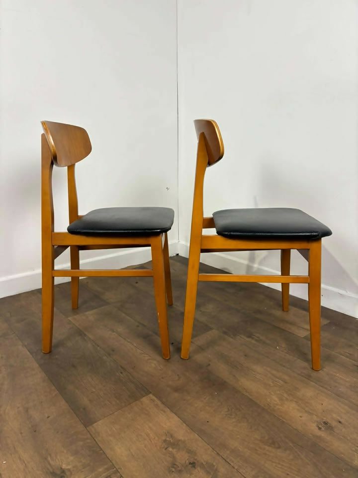Pair of Mid Century Teak Chairs with Black Upholstery