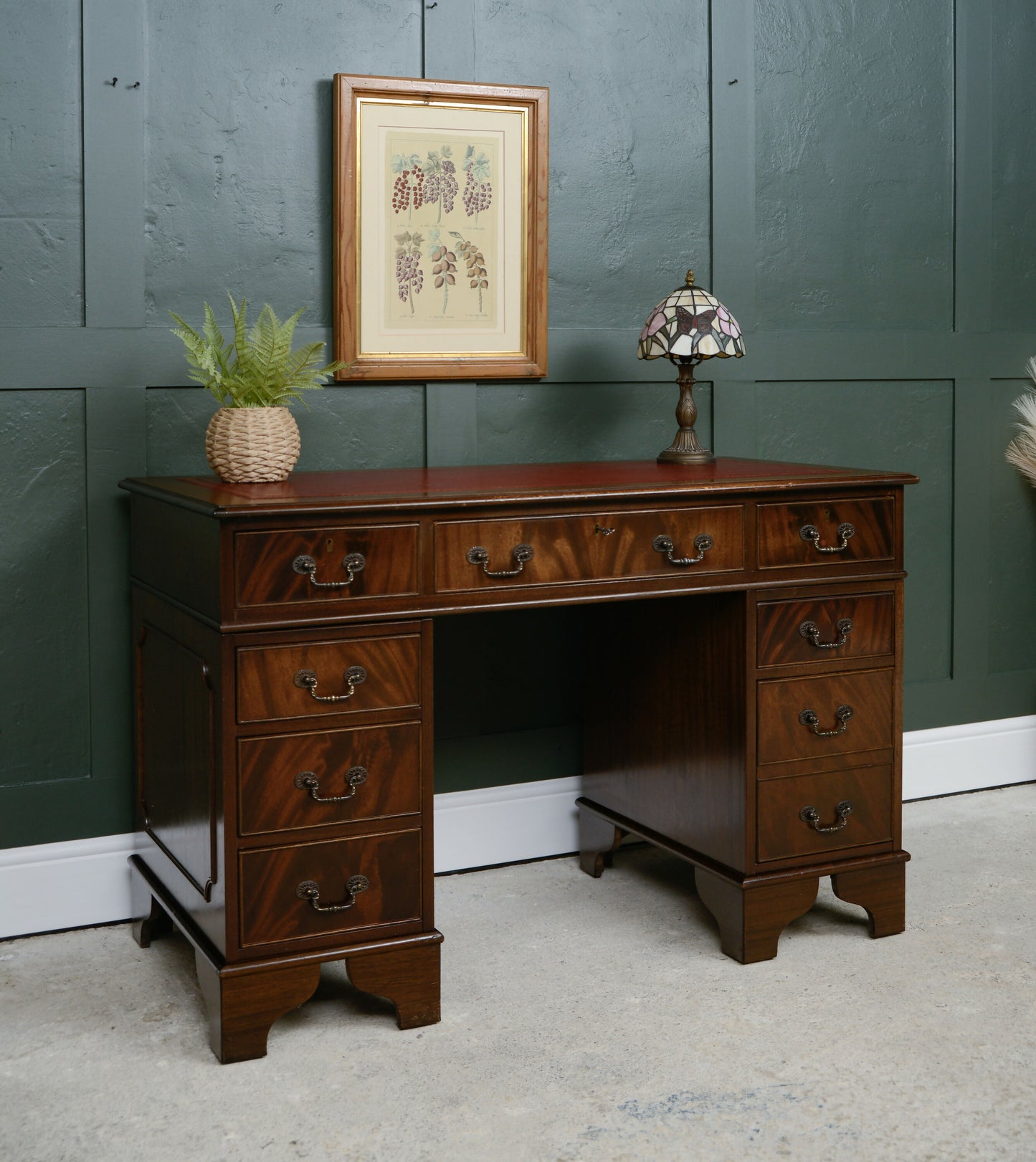 Antique Style Mahogany Pedestal Desk with Red Leather Top