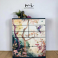 Beautiful watercolour floral mural extra large chest of drawers in a deep teal navy blue. Solid wood, botanical sideboard