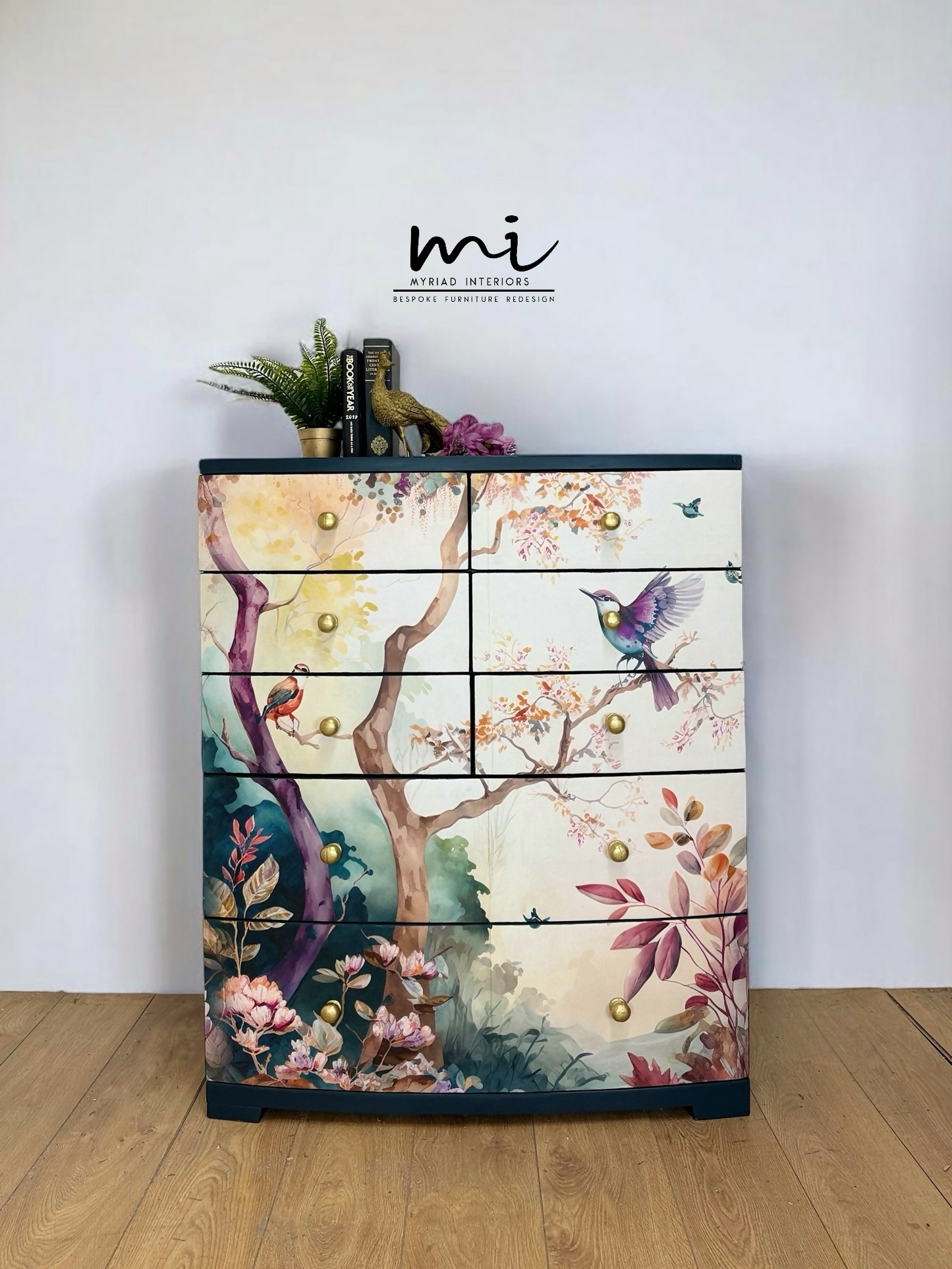 Beautiful watercolour floral mural extra large chest of drawers in a deep teal navy blue. Solid wood, botanical sideboard
