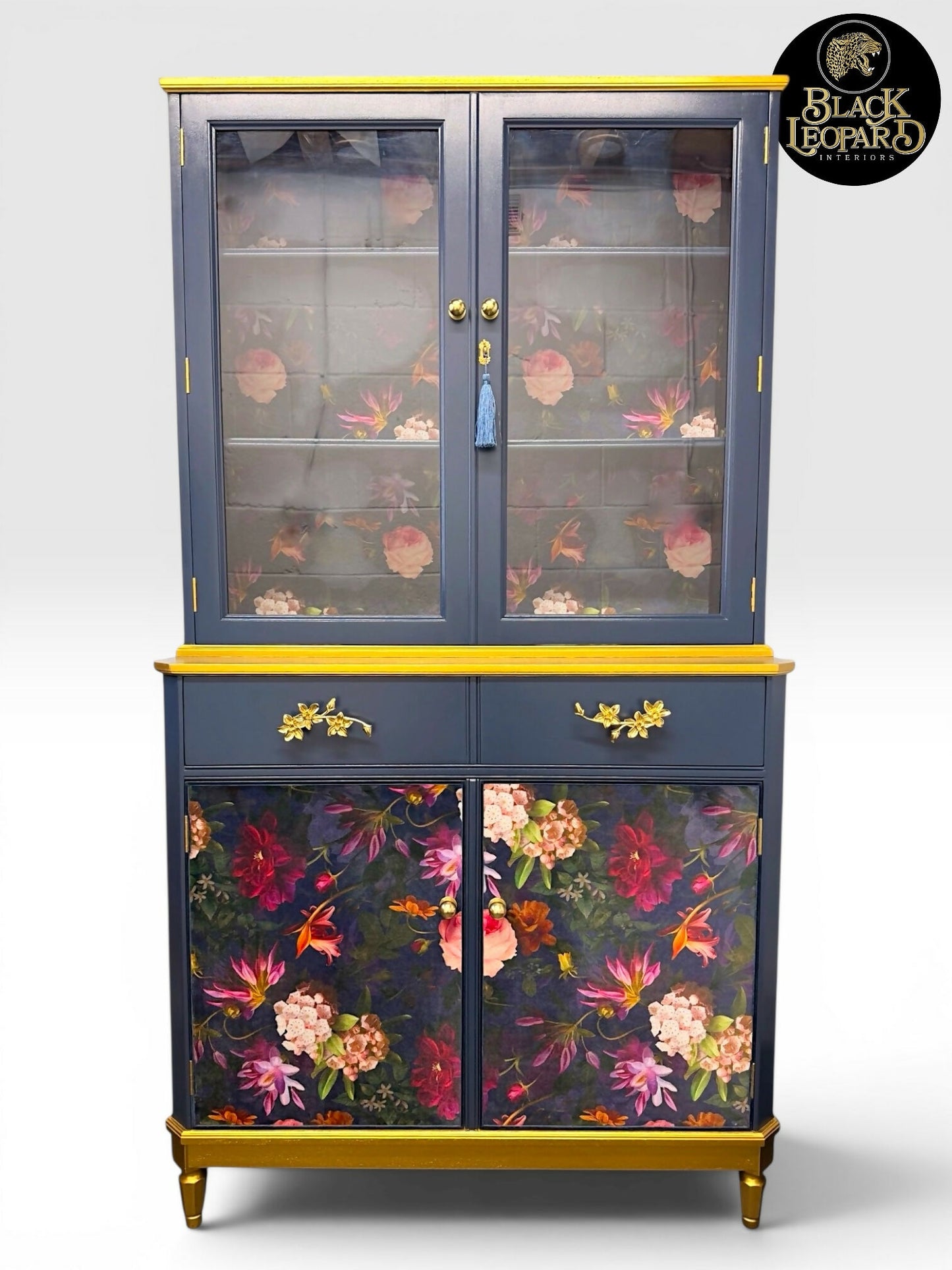Luxury Refinished Dresser Glass Display Drinks Cabinet Blue Floral Design | Bespoke Vintage Handmade Furniture