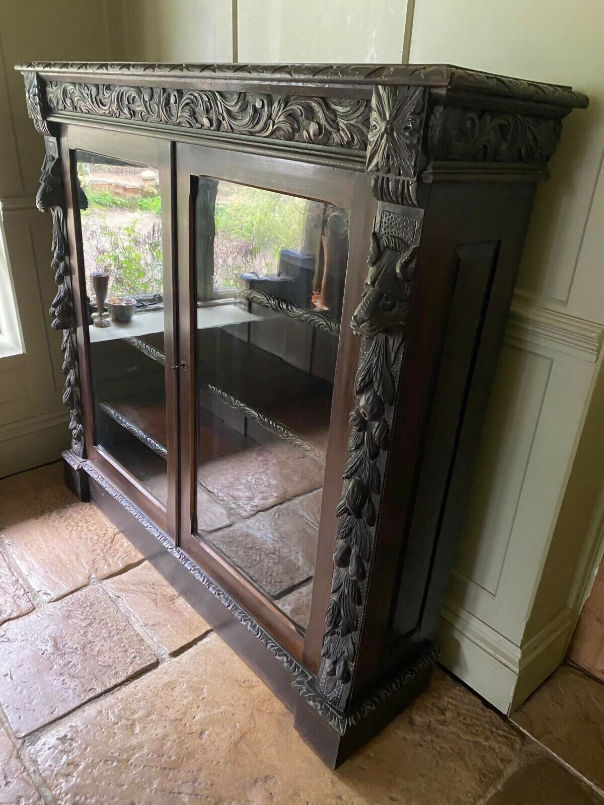 Antique Victorian Jacobean Style Oak Carved Glazed Bookcase Cabinet Cupboard