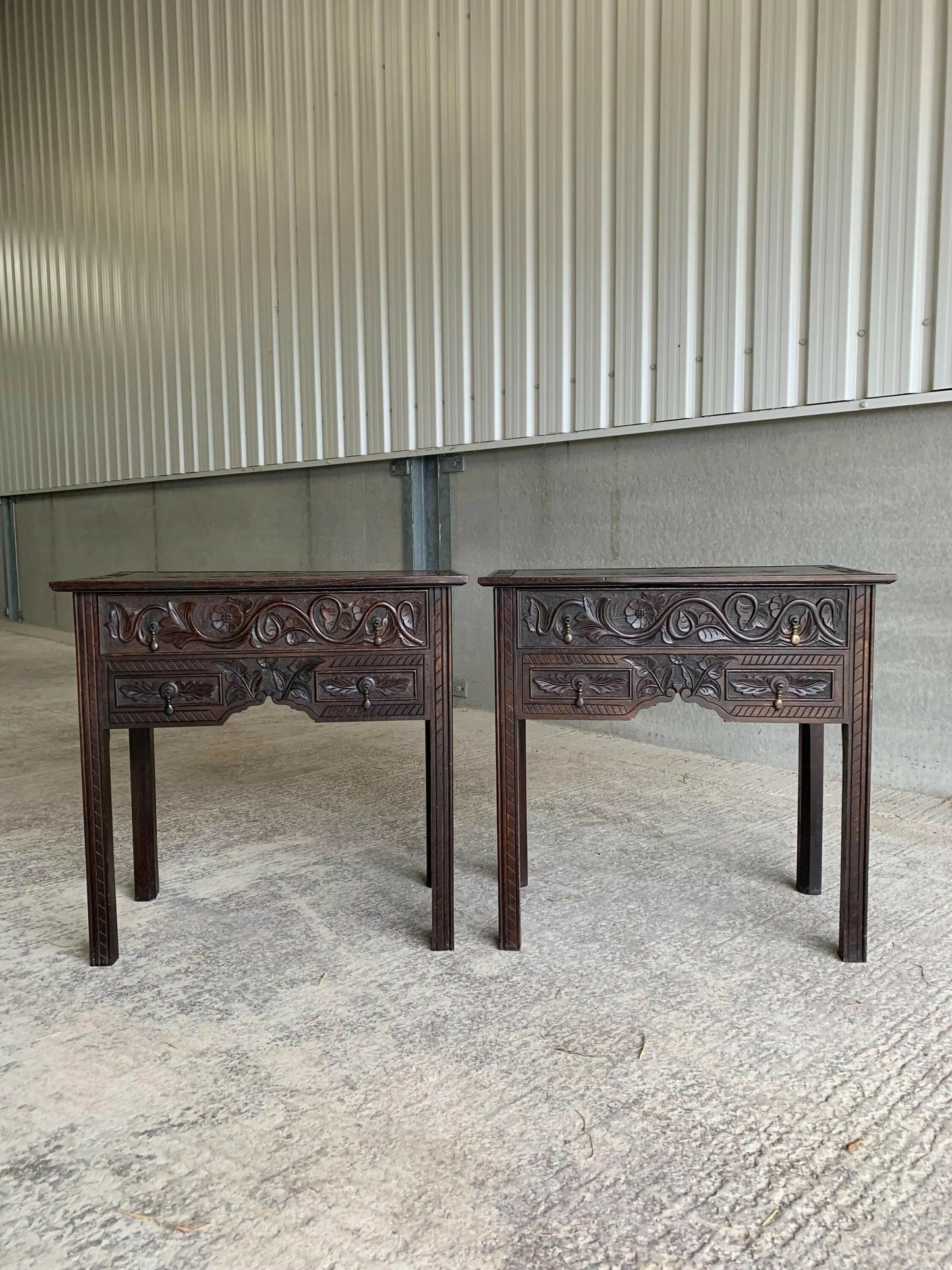 Antique Oak 19th C Gothic revival side tables chest of drawers
