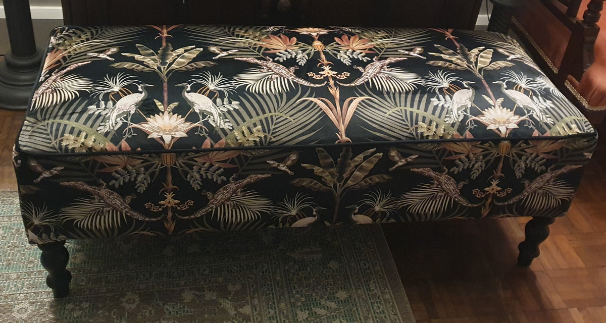 Ottoman, Long Sturdy Footstool Restored & Upholstered in Becca Who 'Crocodilia'