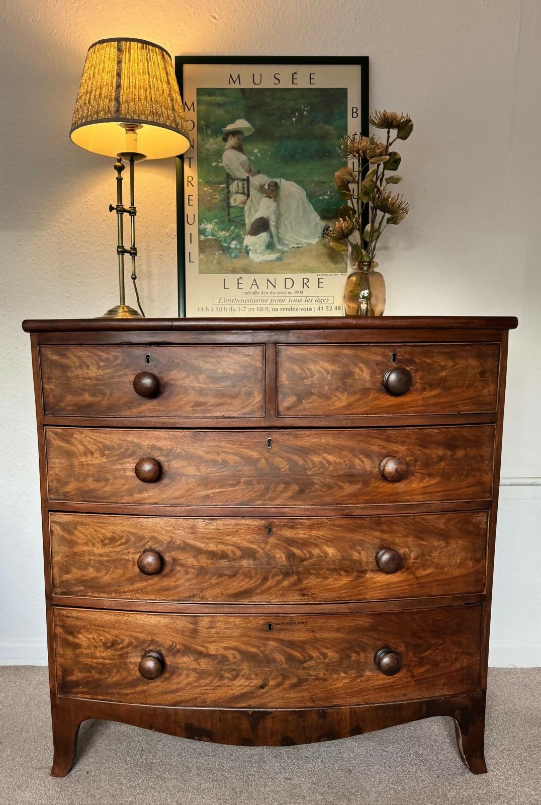 Antique Bow Front Flame Mahogany Chest of Drawers