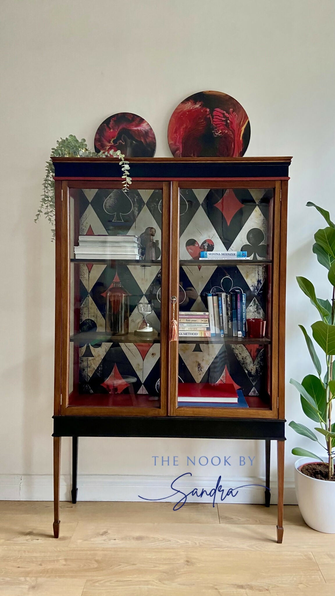 Upcycled Edwardian Mahogany Display Cabinet-Red and Black Perfect as a Cocktail or Display Piece