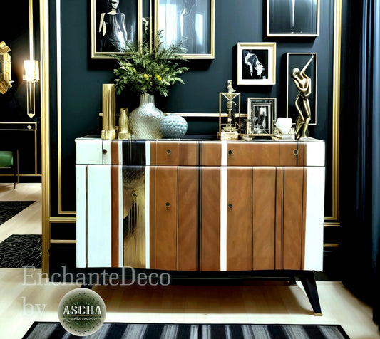 Mid-Century Modern MCM Bespoke Luxury Beautility Sideboard Drink Cabinet Modern black gold white stripes