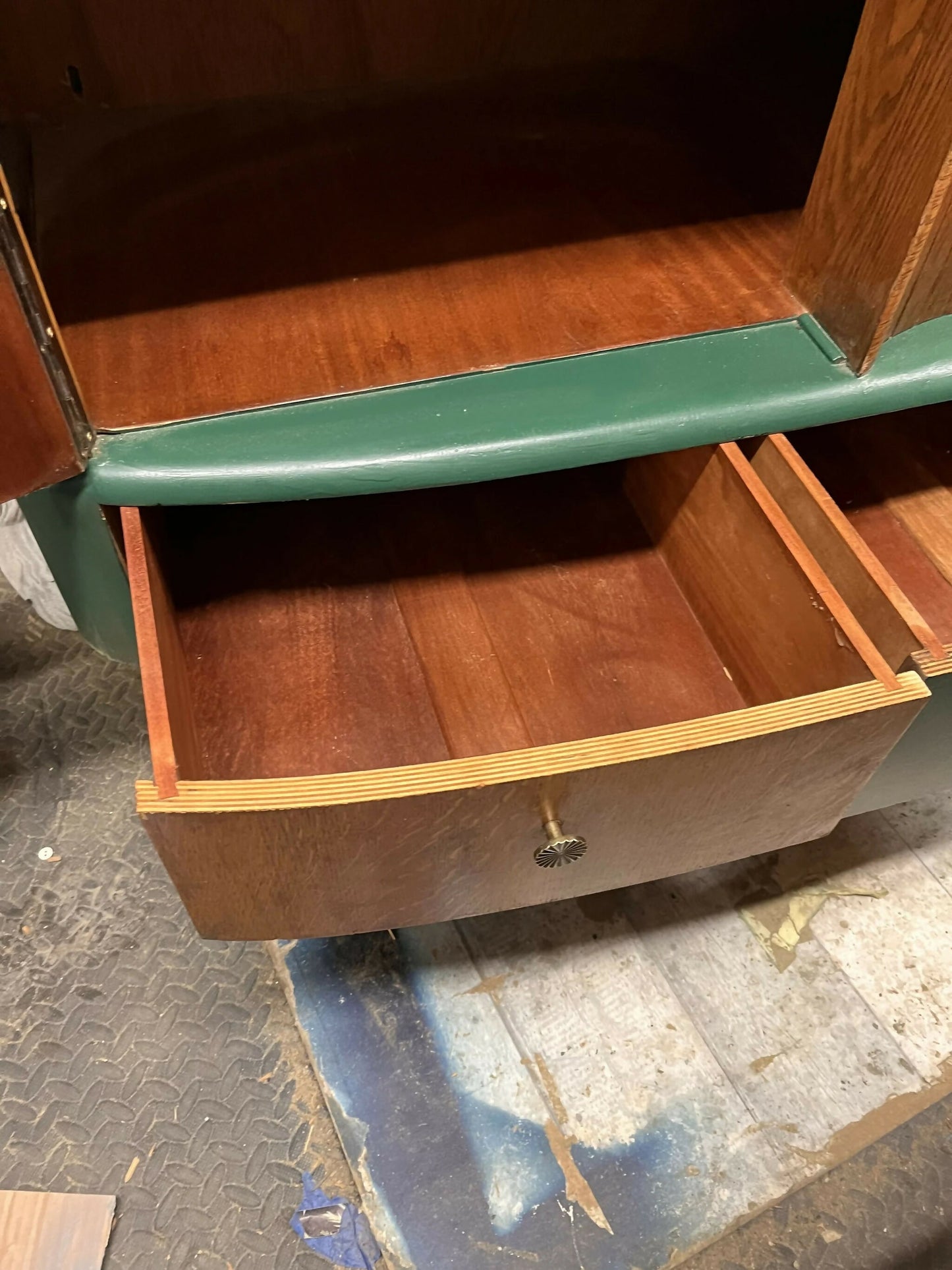 Mid century modern revived sideboard in forest green and oak