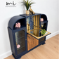 Curved Art Deco walnut drinks cocktail cabinet in navy blue and gold with peacock design. Glass display, Drinks cabinet, Sideboard