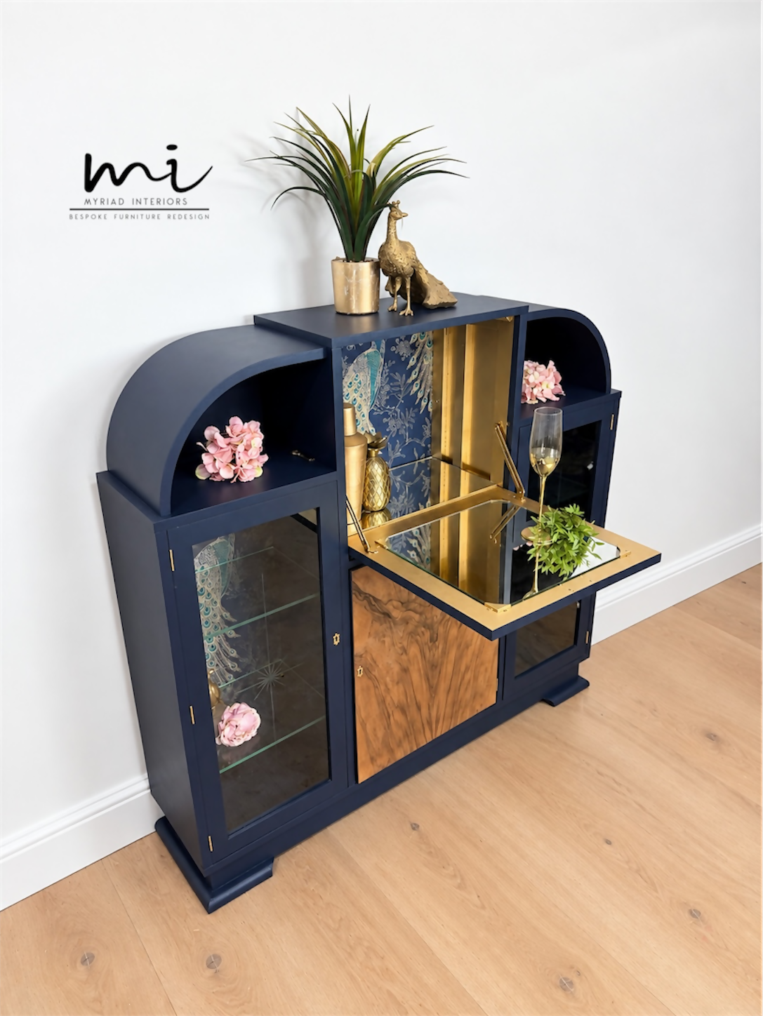 Curved Art Deco walnut drinks cocktail cabinet in navy blue and gold with peacock design. Glass display, Drinks cabinet, Sideboard