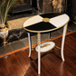 French-Style Oval Side Table - Blush Pink, Black & Gilt Geometric Design