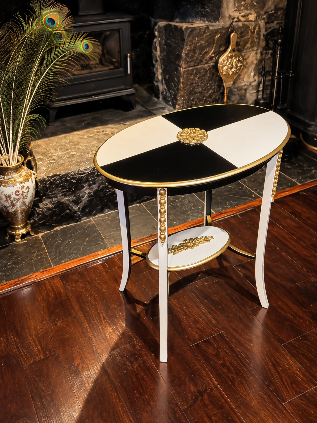 French-Style Oval Side Table - Blush Pink, Black & Gilt Geometric Design