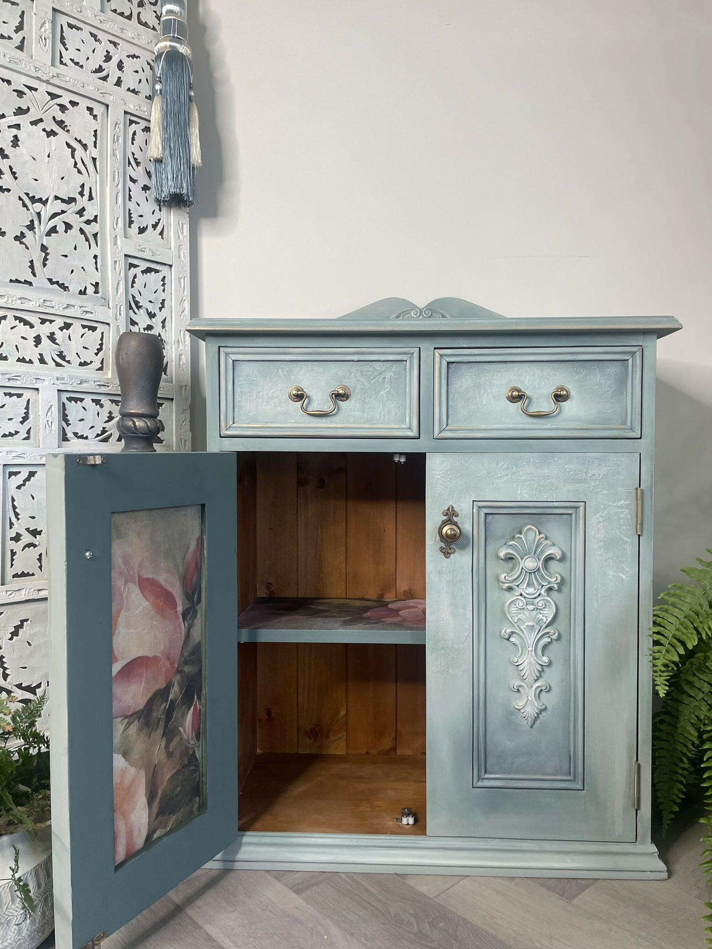 Vintage Solid Pine Cabinet | Hand Painted Duck Egg Blue Cupboard | Floral Decoupage Interior | UK Delivery Included