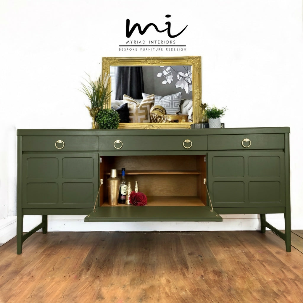 Large Vintage Nathan Sideboard in Bancha Green, olive green mid century drink cabinet, TV stand, media unit,