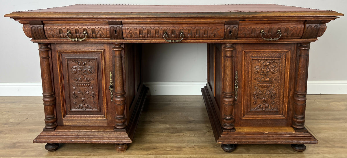 Desk Antique French Style Oak Double Sided Carved Pedestal Desk LOT 6514