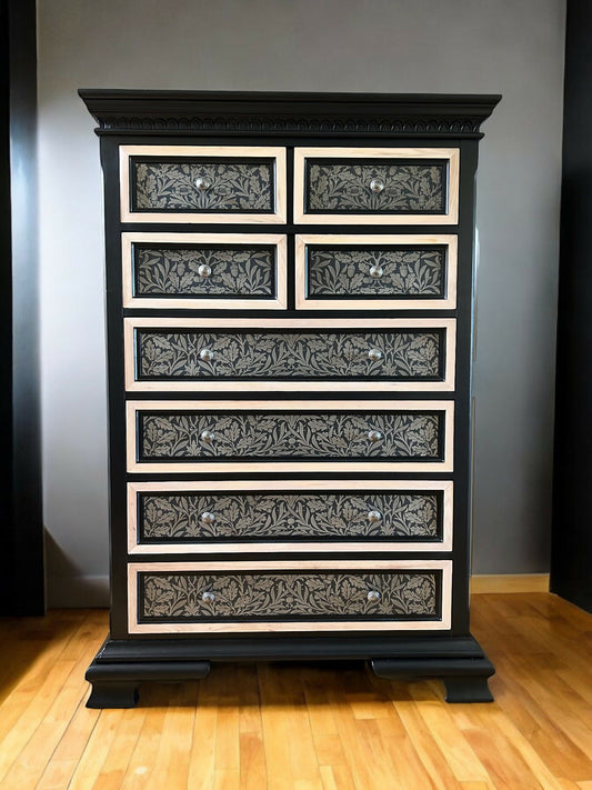 Chest of Drawers. Solid wood. Large. Handpainted. William Morris style.