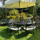 Black Vintage Large Patio Set 4 Benches, Parasol and Heat Lamps