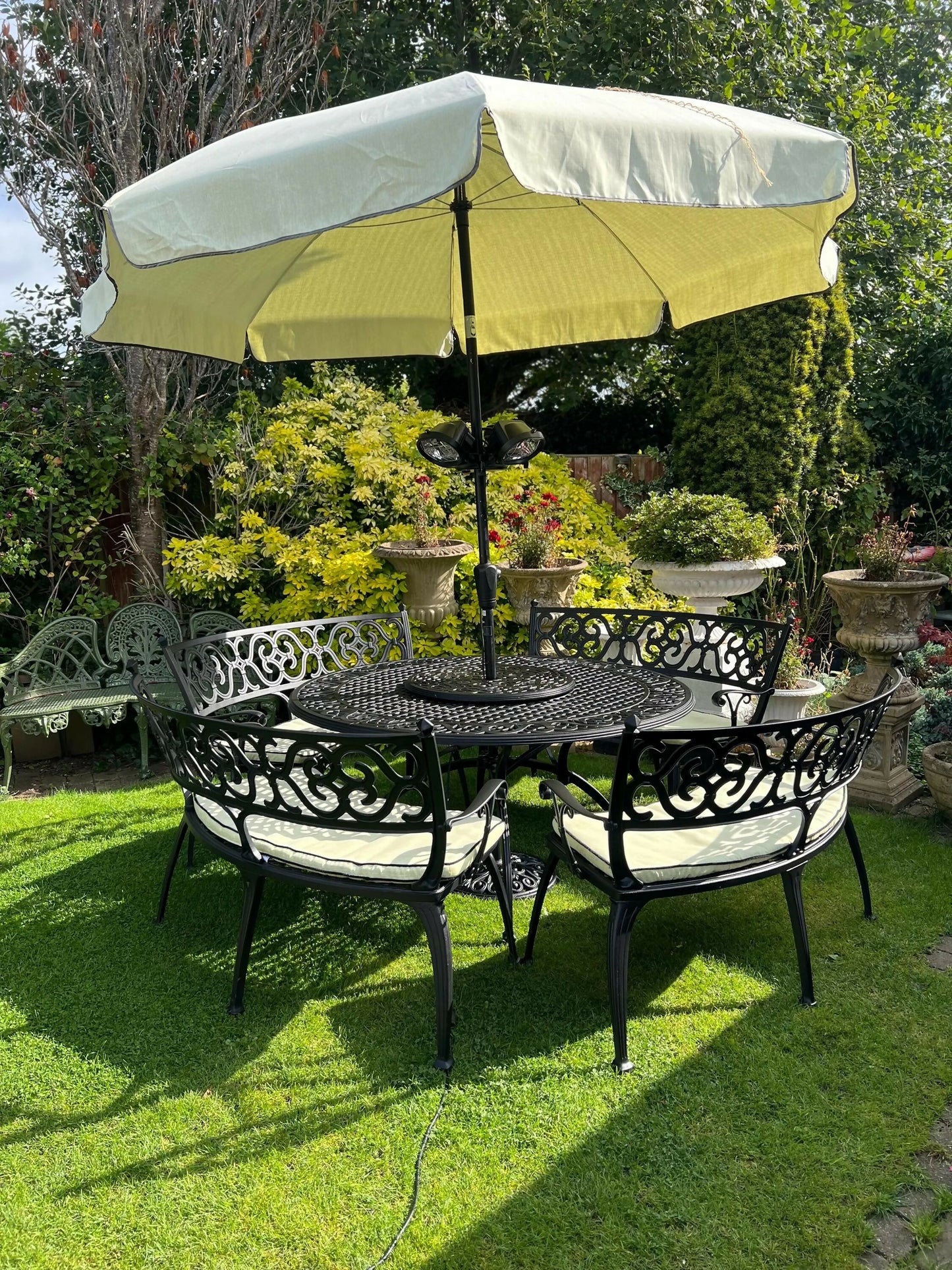 Black Vintage Large Patio Set 4 Benches, Parasol and Heat Lamps