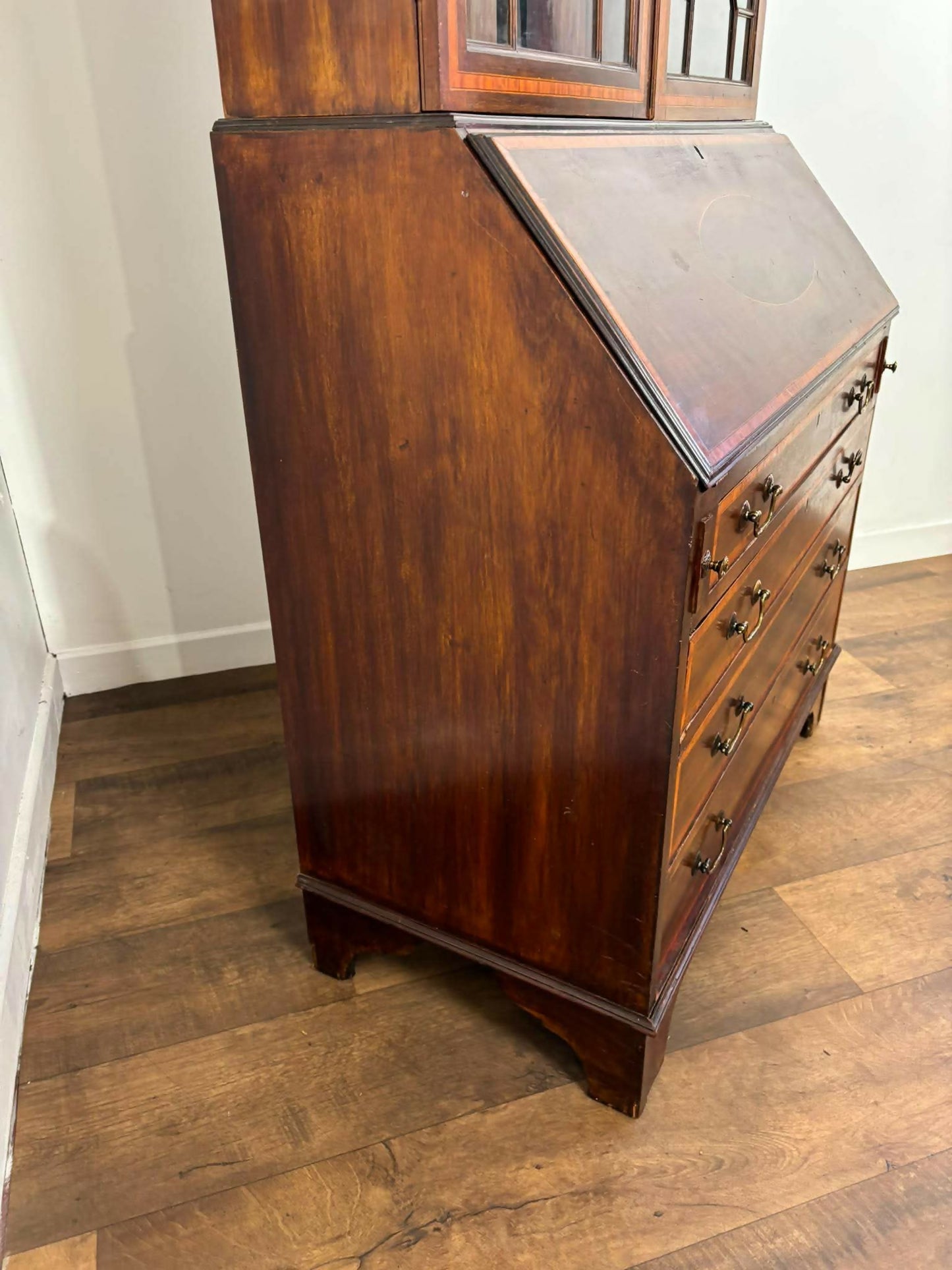 Edwardian Sheraton Style Inlaid Mahogany Bureau Bookcase