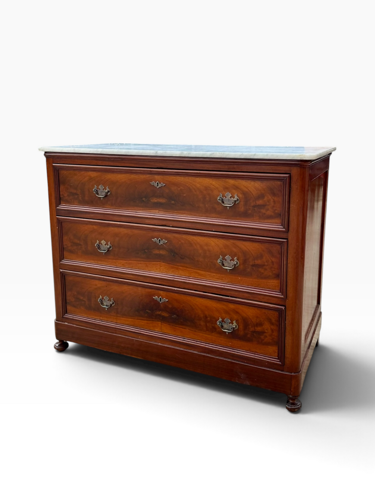 Antique Flame Mahogany Louis XVI Style Marble Top chest of drawers