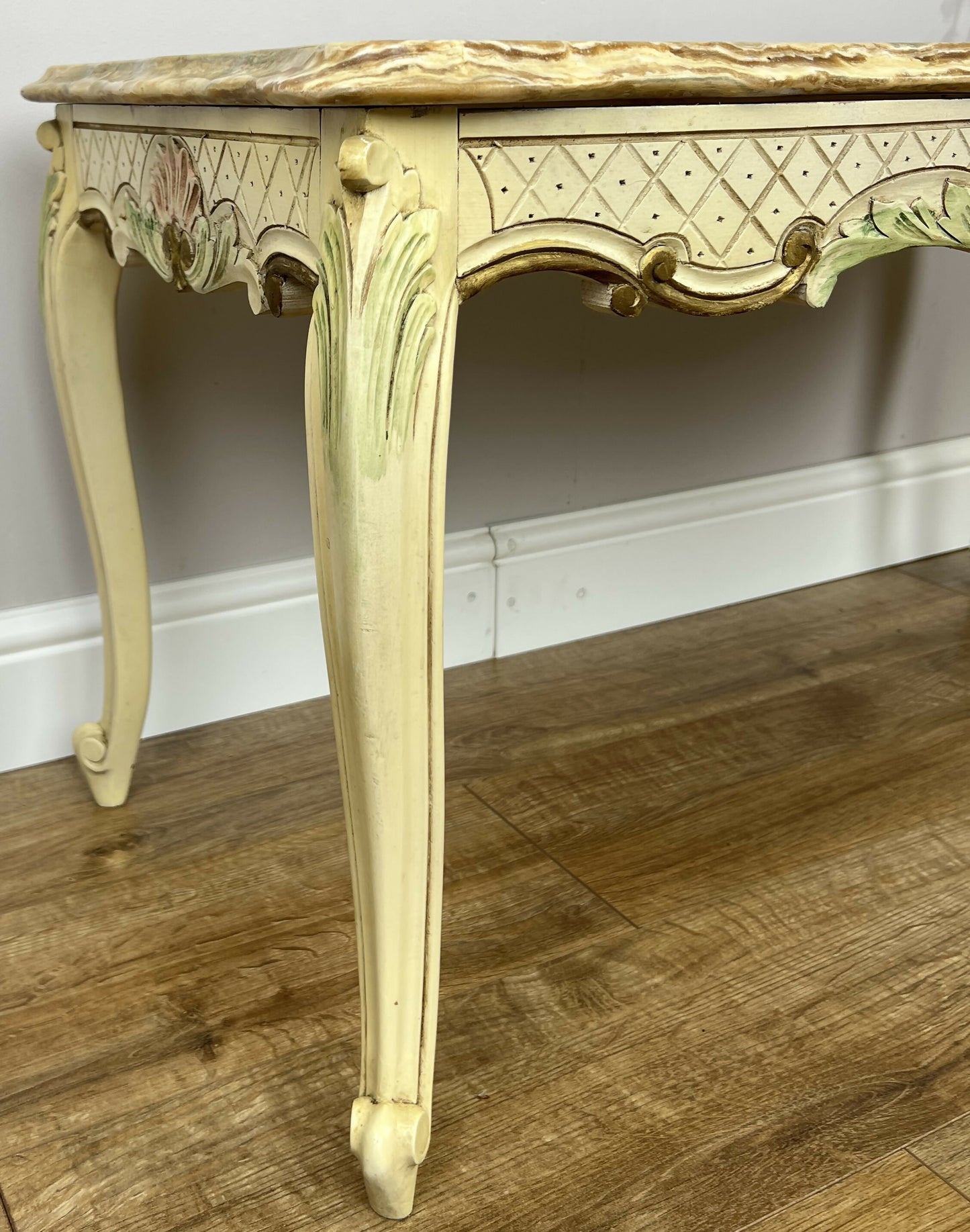 Coffee Table Vintage Shabby Chic Louis XVI Marble Top Carved Table LOT 6278