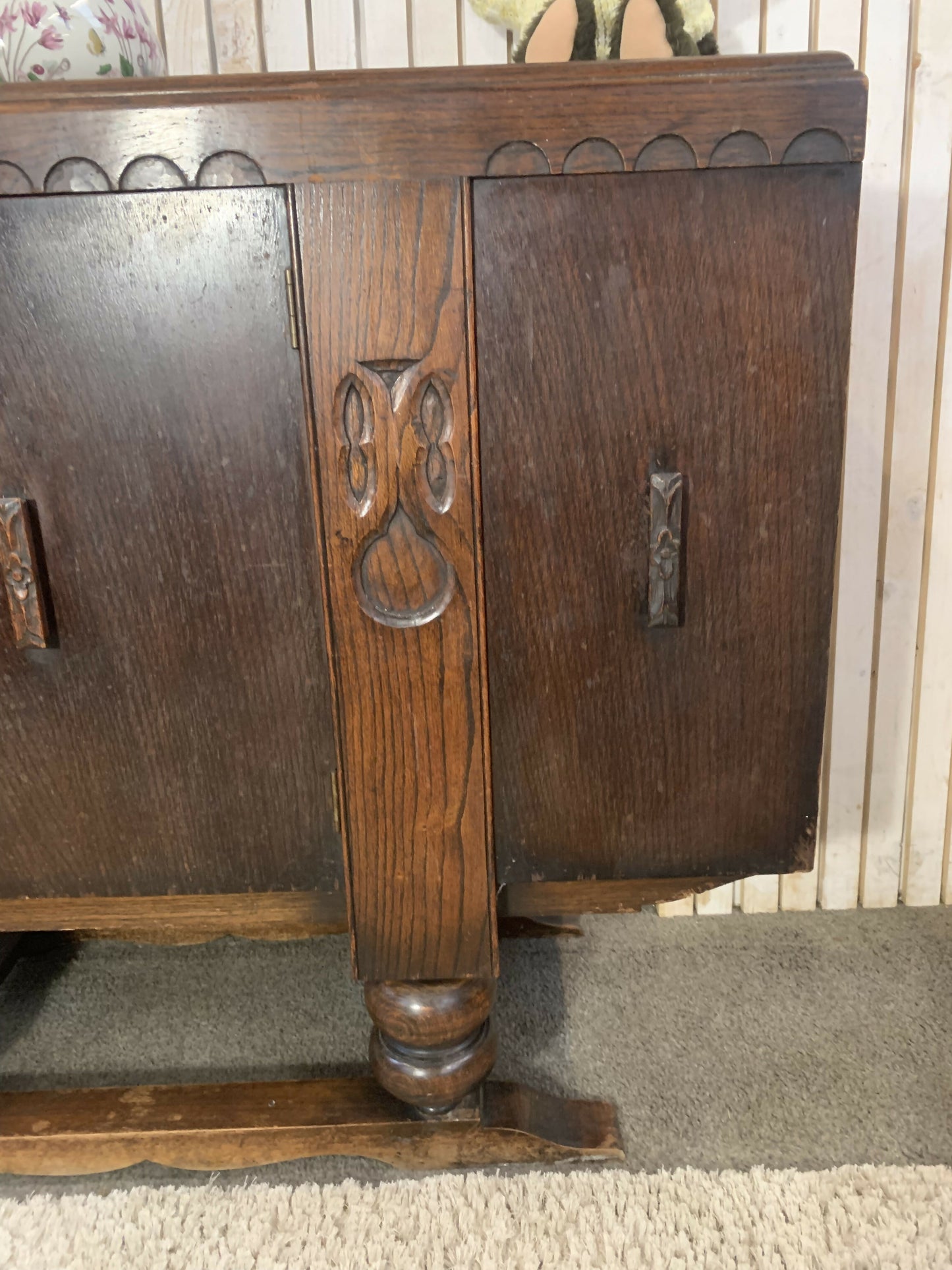 Vintage Art Deco Carved Wood Cabinet Sideboard 3 Doors 2 Drawers
