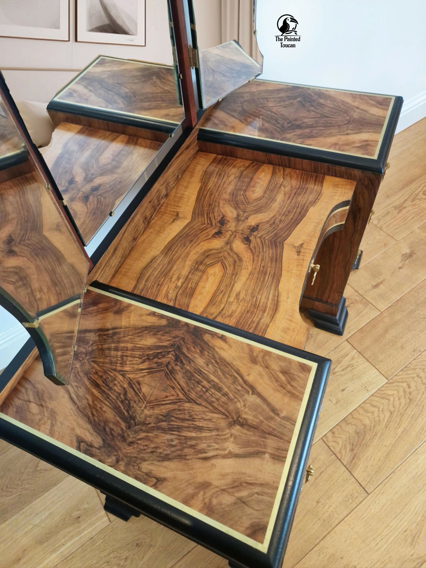 Restored 1940s Art Deco Burr Walnut Dressing Table - Black and Gold