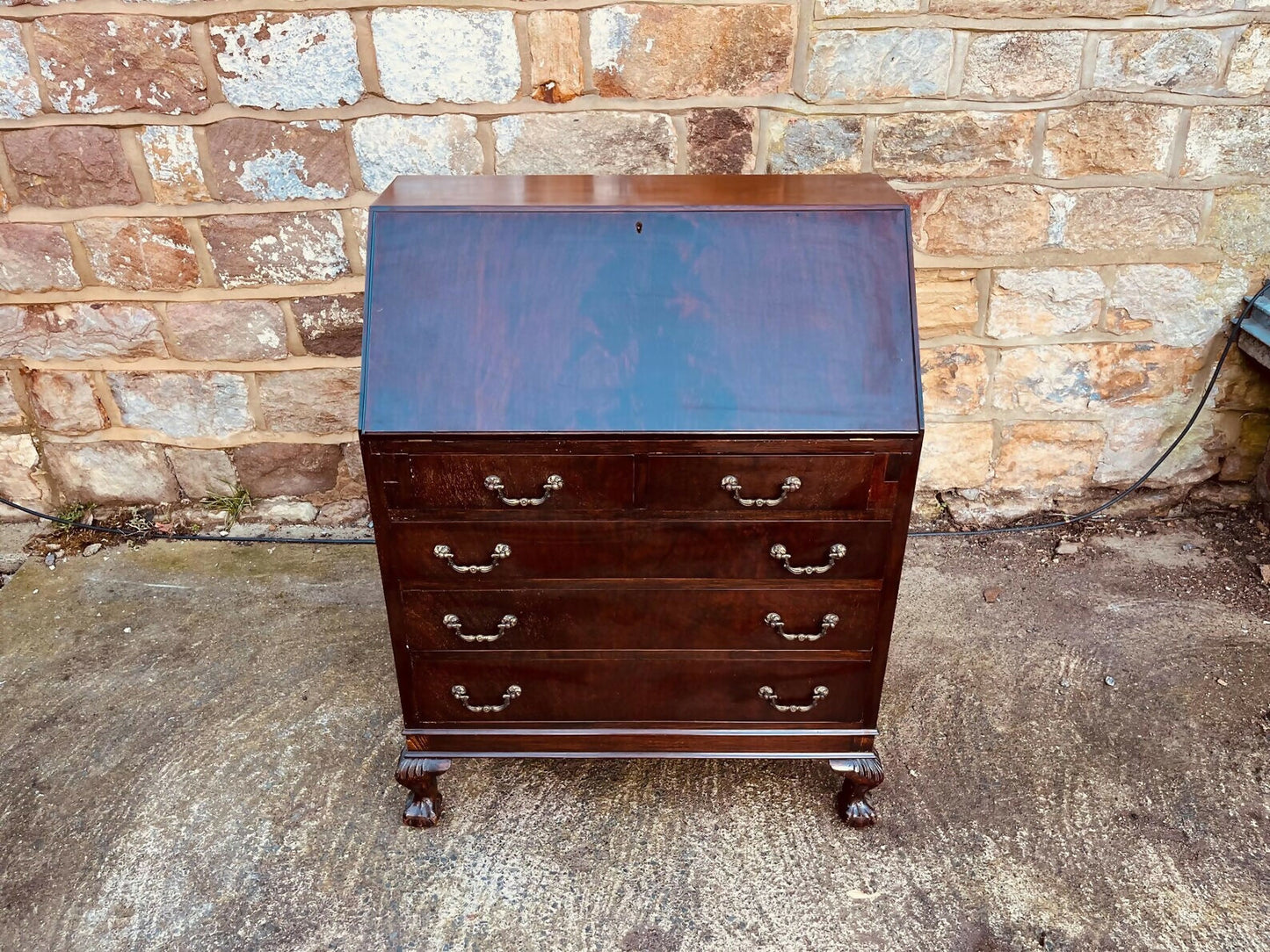 Mahogany Bureau Writing Desk – Ball & Claw Feet, Drop Front, Vintage Secretary Desk, Home Office Storage, Green Leather Writing Surface