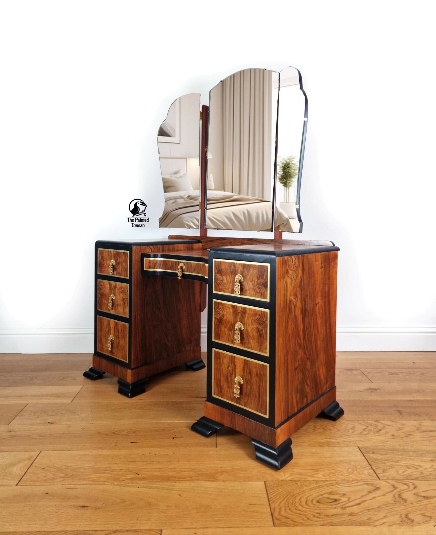 Restored 1940s Art Deco Burr Walnut Dressing Table - Black and Gold