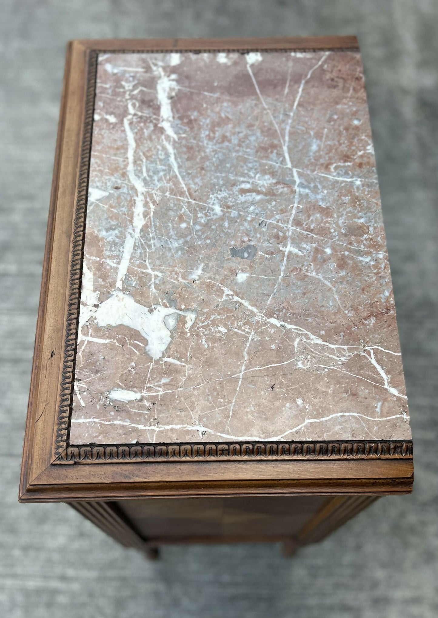 Antique French Louis XVI Style Walnut Marble Topped Bedside Chest Of Drawers