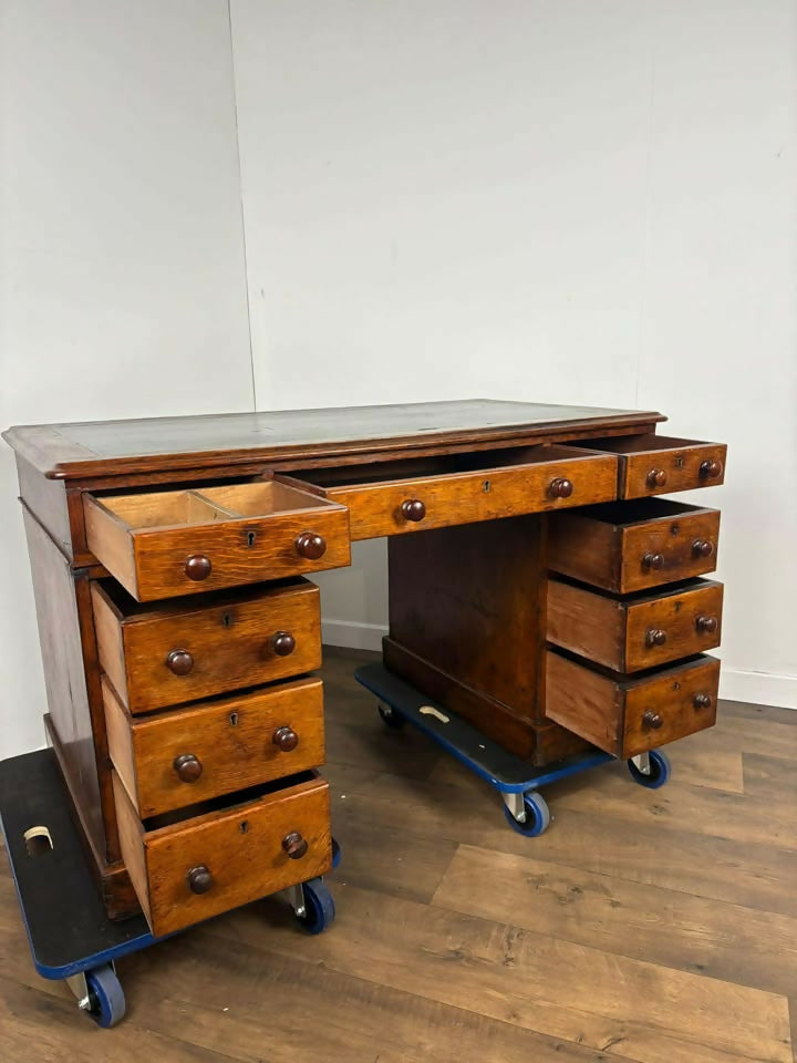 Victorian Oak Twin Pedestal Desk with Black Leather Writing Surface
