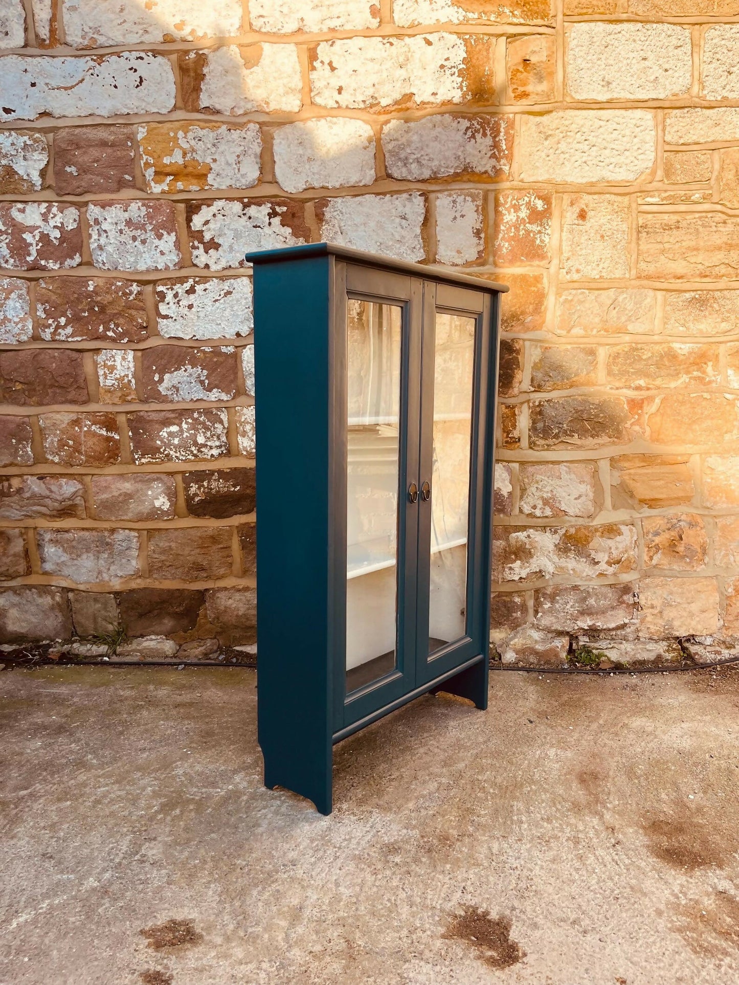 Vintage Glazed Display Cabinet | Hand Painted Teal Green Cupboard | Upcycled Wooden Bookcase | Cottage Kitchen Storage