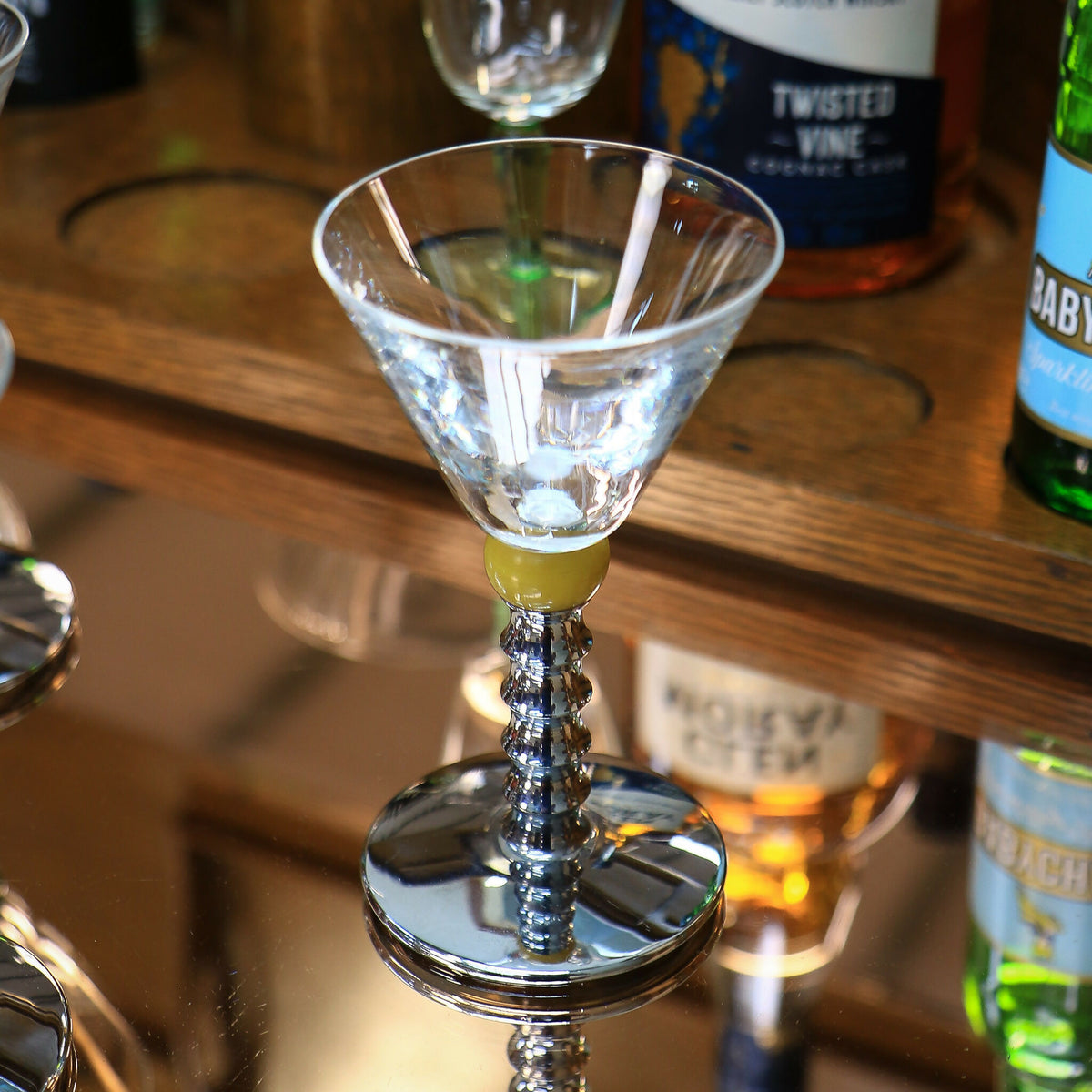 Six Art Deco Cocktail Martini Glasses on Chrome Stems with Coloured Accent Ball