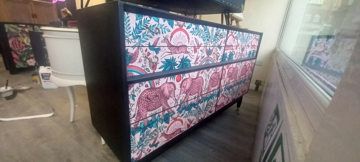 Gplan Midcentury Chest Of Drawers. Upcycled Painted Black Pink Animal Print