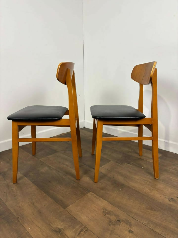 Pair of Mid Century Teak Chairs with Black Upholstery