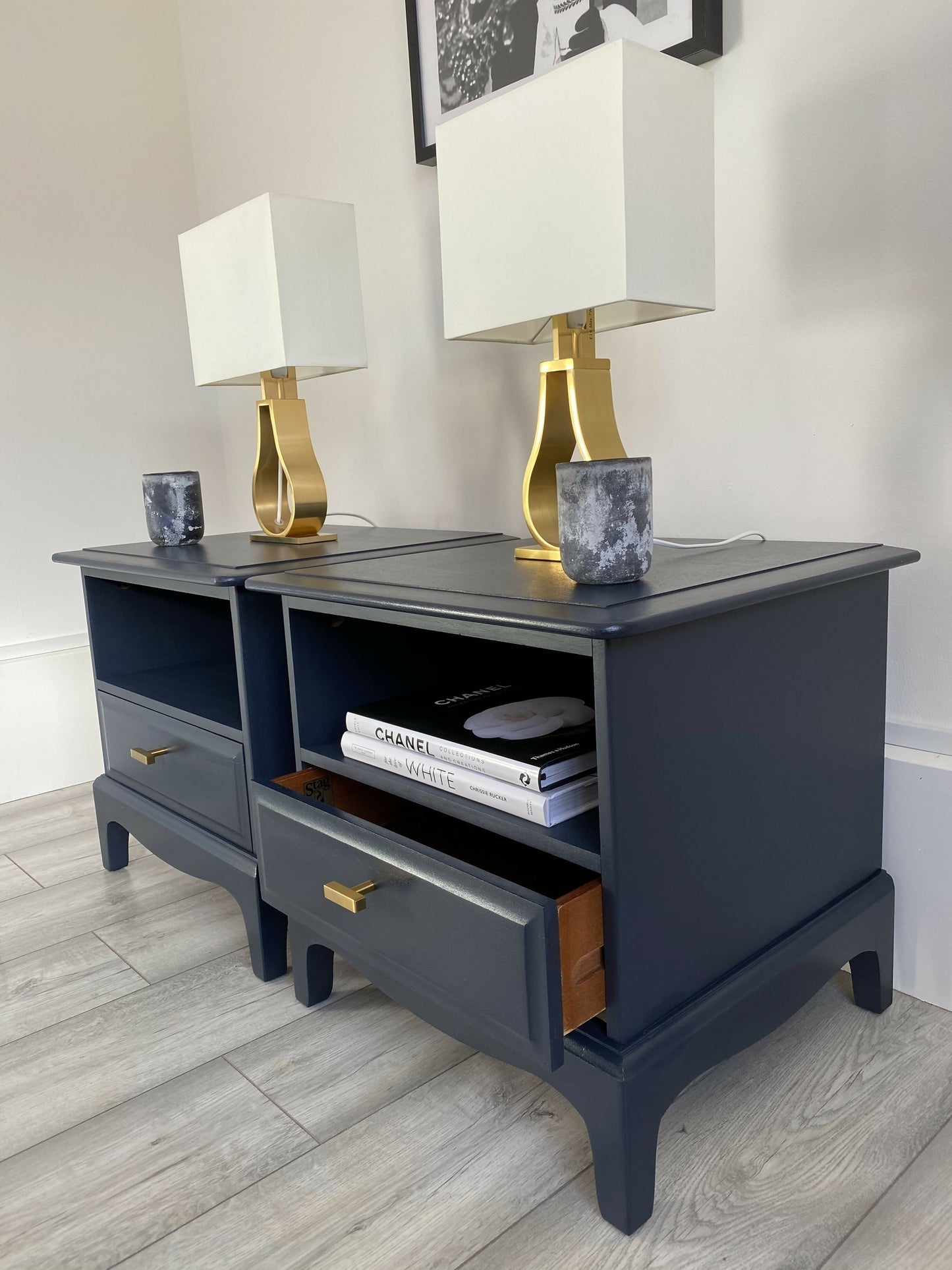 Stag Minstrel, Pair Of Bedside Tables Cabinets, Side Tables, Classic, Handmade, Vintage! Bespoke Orders Available.Painted In Fusion Mineral Navy Blue.