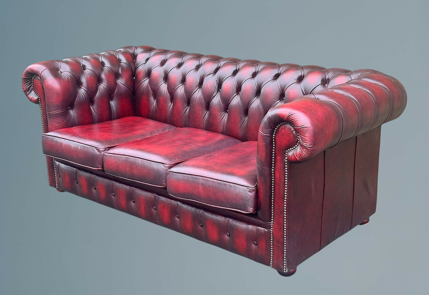 English Oxblood Leather Chesterfield Three Seater Sofa