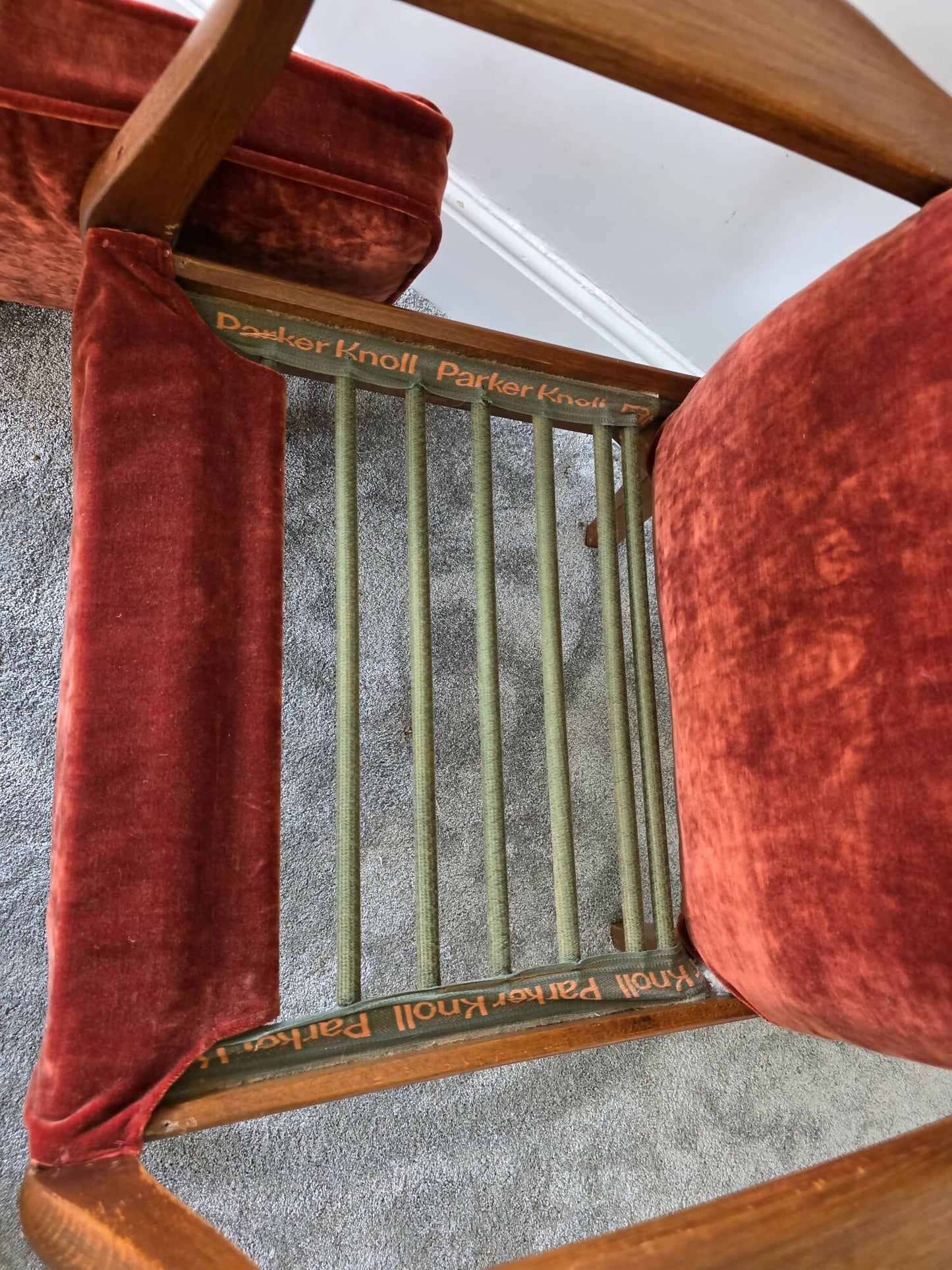 Parker Knoll PK928-9 High Back Armchair Reupholstered in 'Linwood' Velvet. In Great Condition