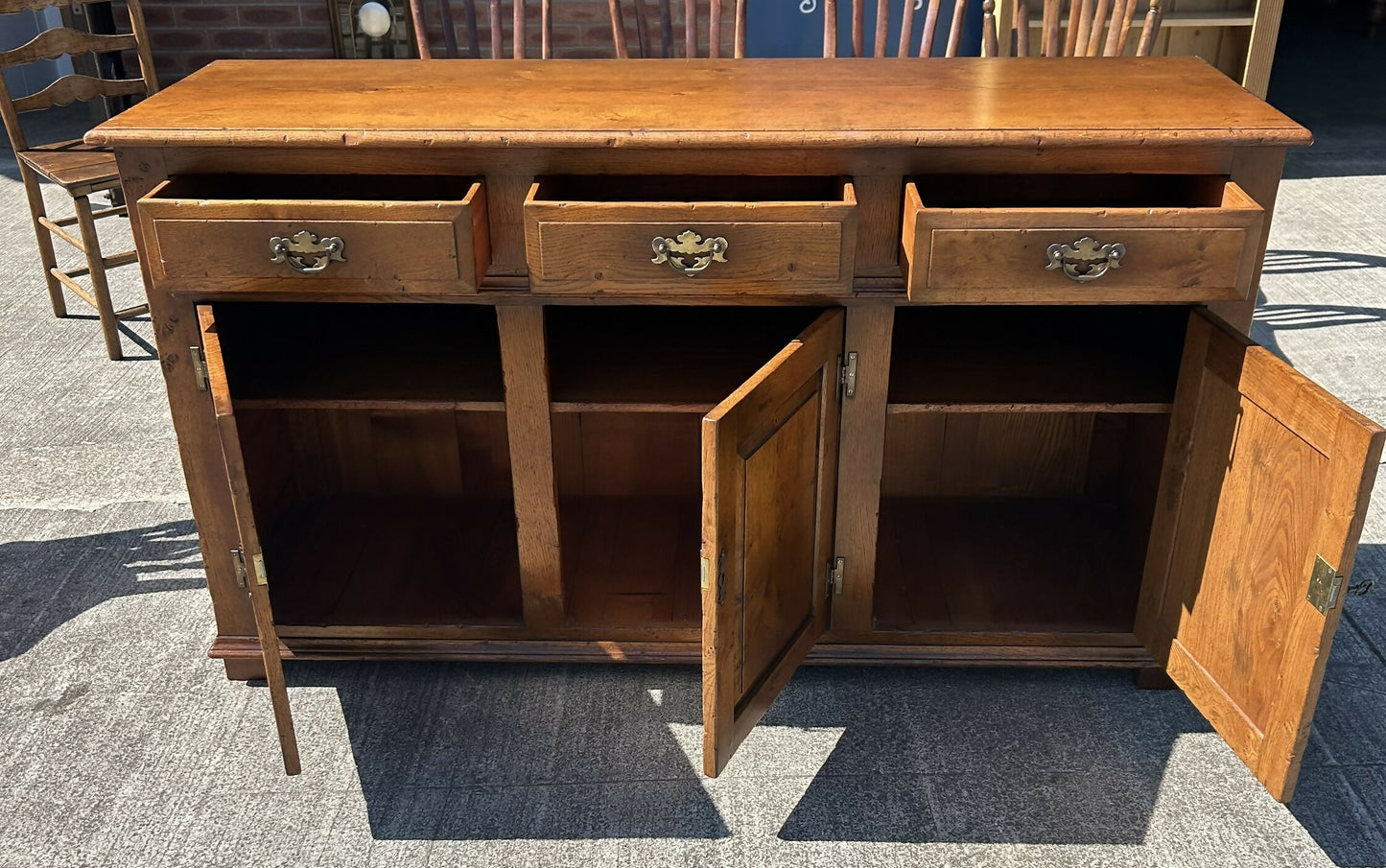 Quality English Distressed Epicormic Ipswich Oak Style Dresser Base Sideboard