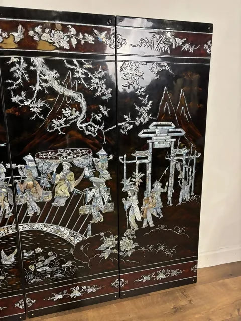 Set of Four Vintage Oriental Wall Panels with Mother of Pearl Inlay