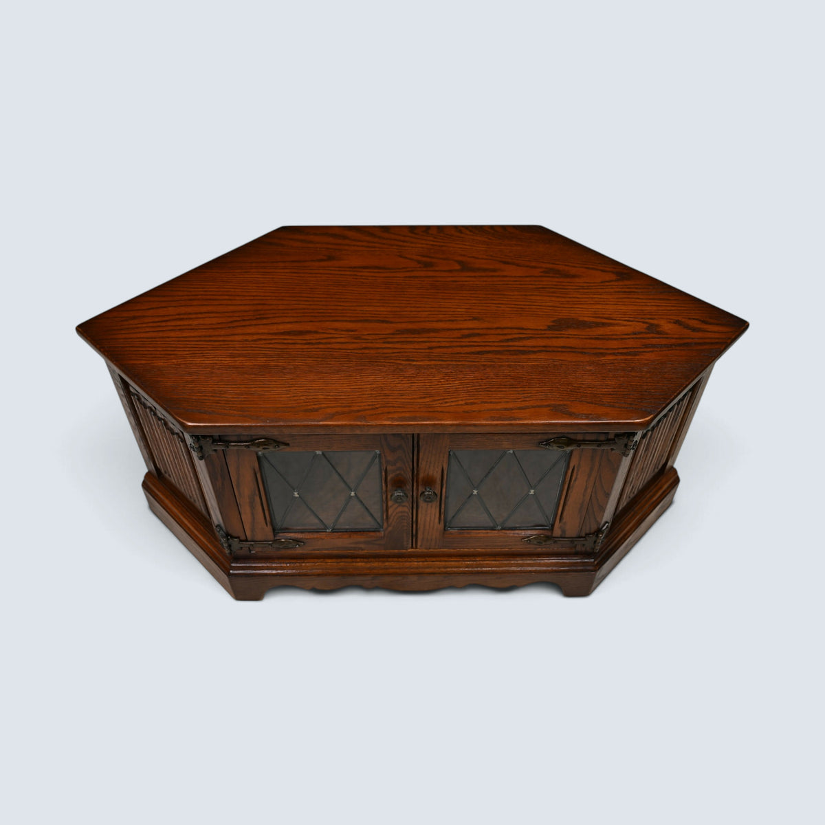 Old Charm TV Stand Linenfold Leaded Glass Doors Tudor Brown FREE UK Delivery*