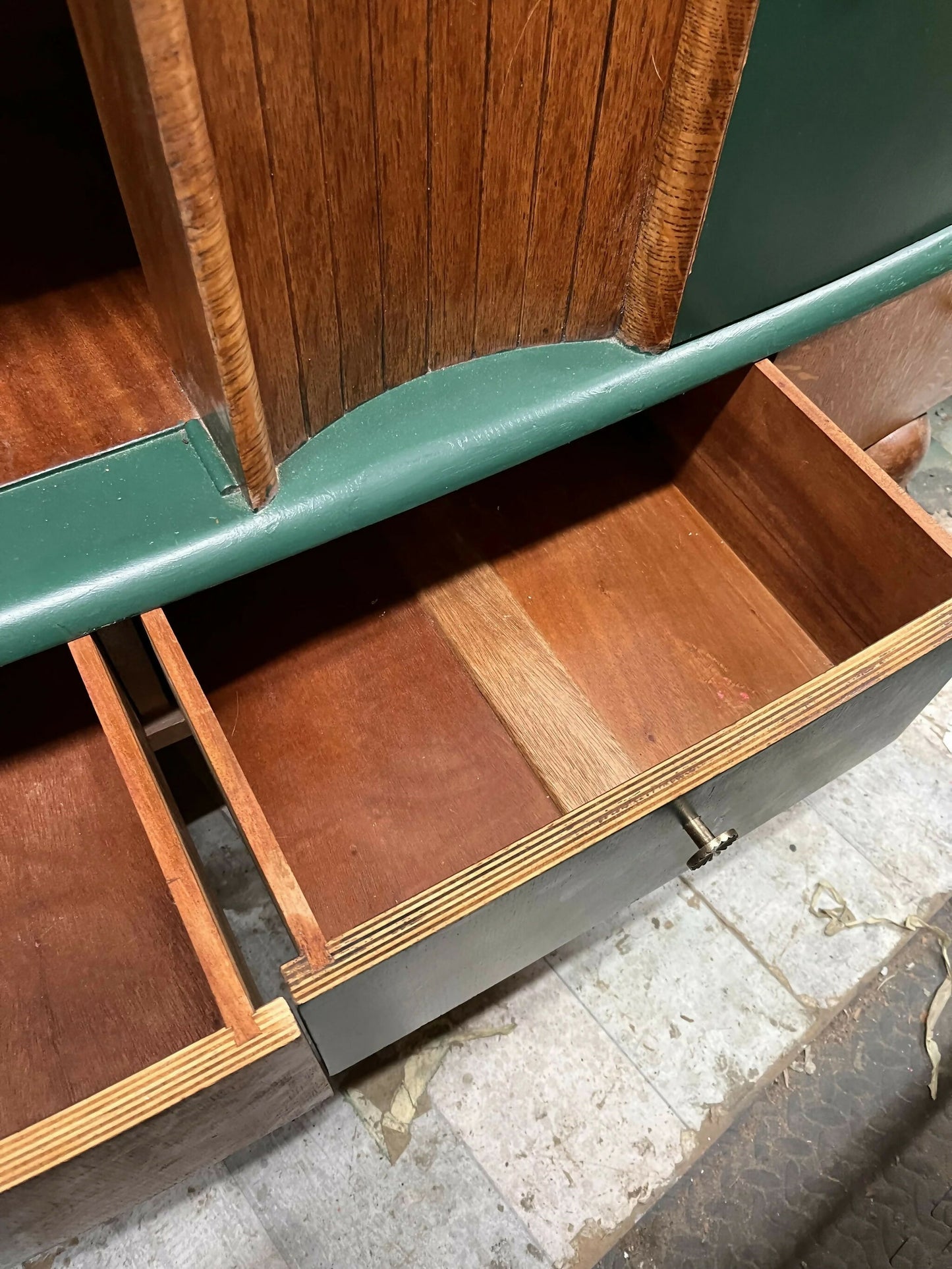 Mid century modern revived sideboard in forest green and oak