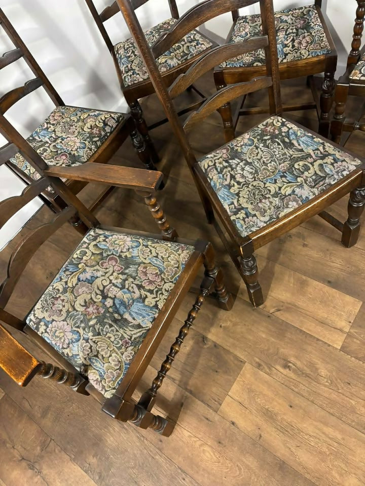 Vintage Set of Six Oak Ladder Back Dining Chairs – Including Two Carvers