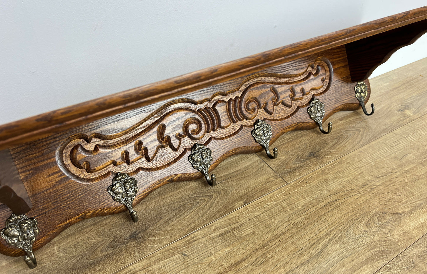 Coat Rack Vintage French Carved Oak Wall Mounted 6 Hooks Rack Hanger LOT 6368