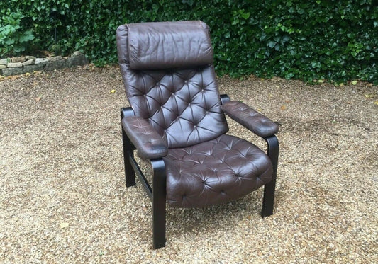 Vintage 1960's OY BJ Dahlqvist Dark Brown Leather Armchair