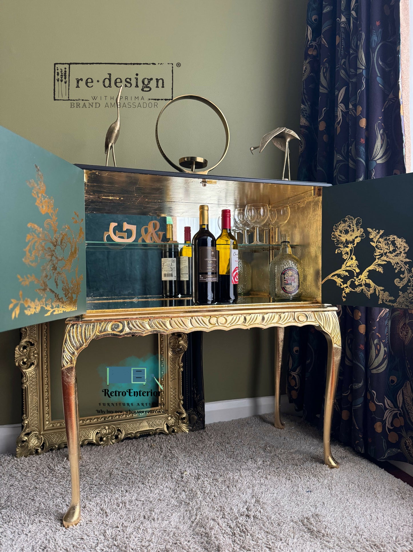 Vintage Green & Gold Cocktail Cabinet – Hand-Upcycled Luxury