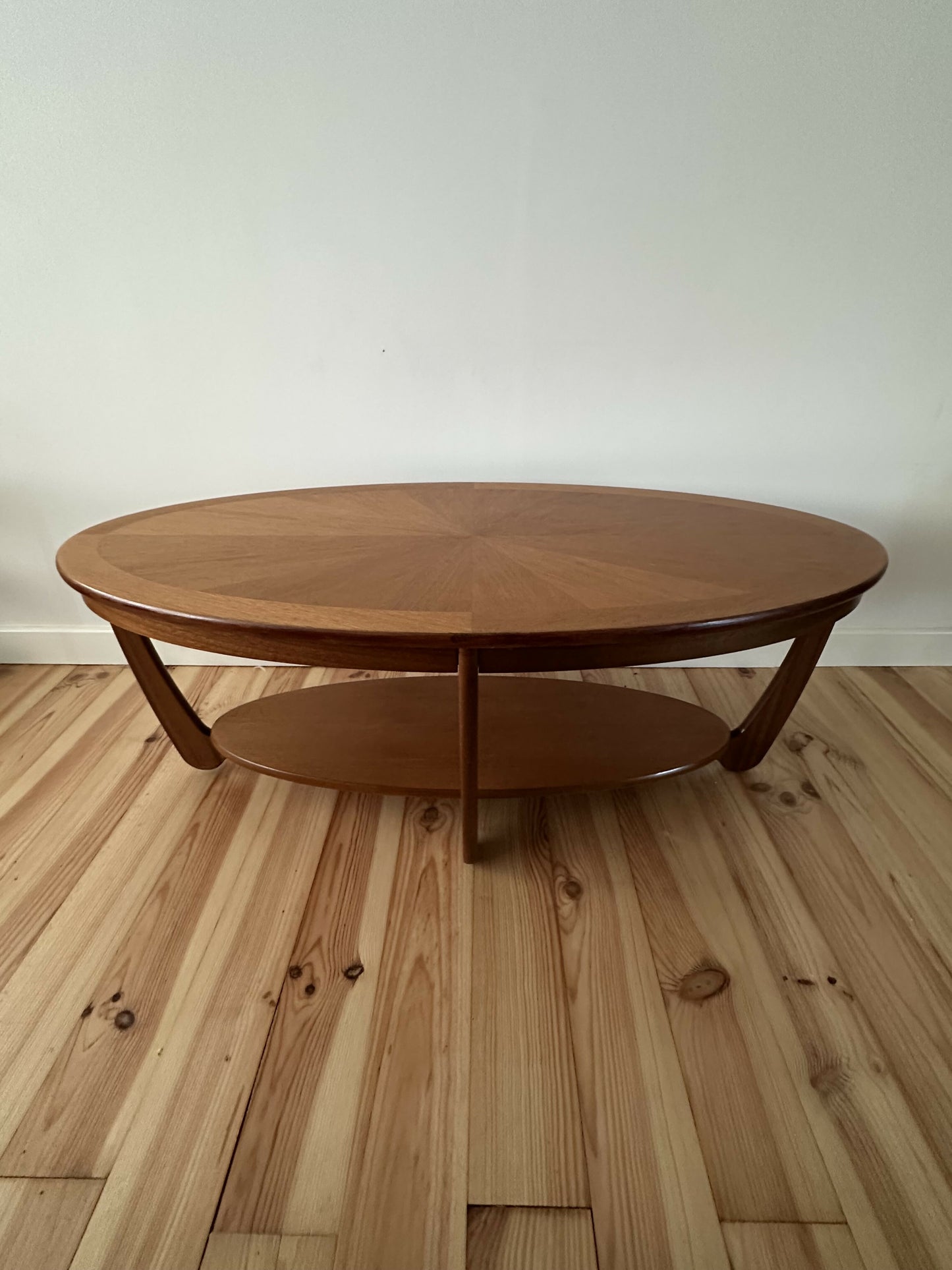 Mid Century Teak Coffee Table Nathan Oval Sunburst Top