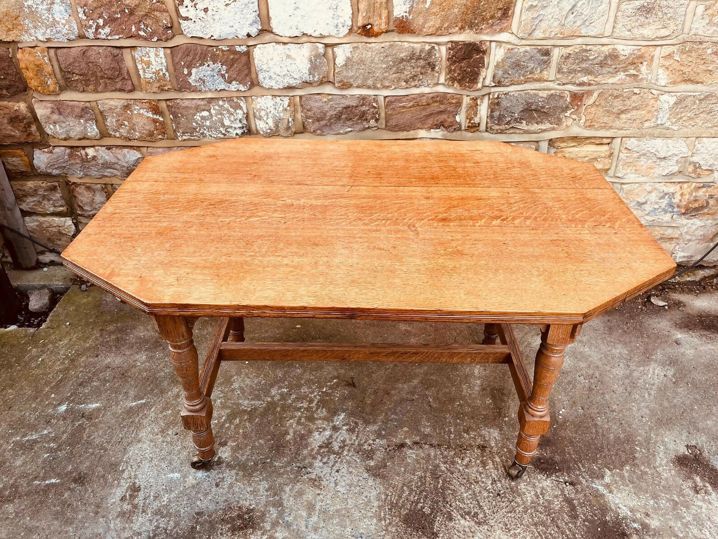 Antique Oak Occasional Table • Edwardian Tiger Oak Side Table on Castors • Octagonal Statement Table • Vintage Turned Leg Oak Table